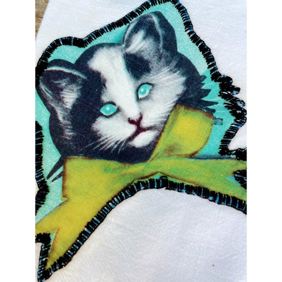 Vintage pair 1930s Creepy Eyes cat Face Applique Tea towels Dish Towels - Picture 5 of 9